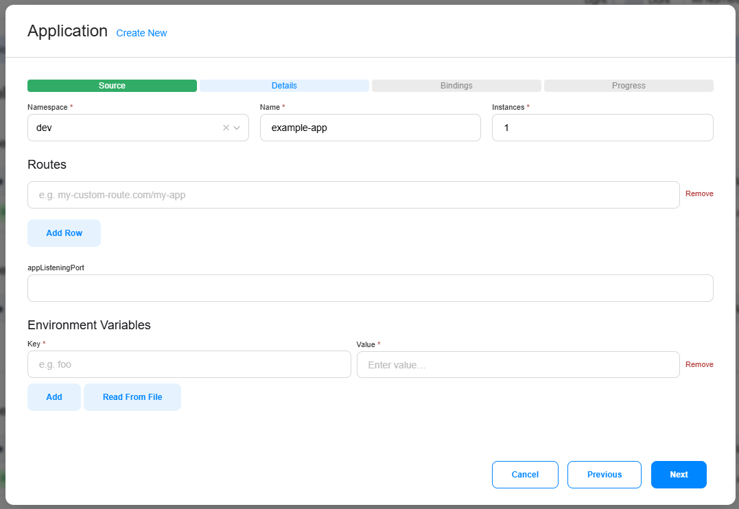 Create Application Modal Details