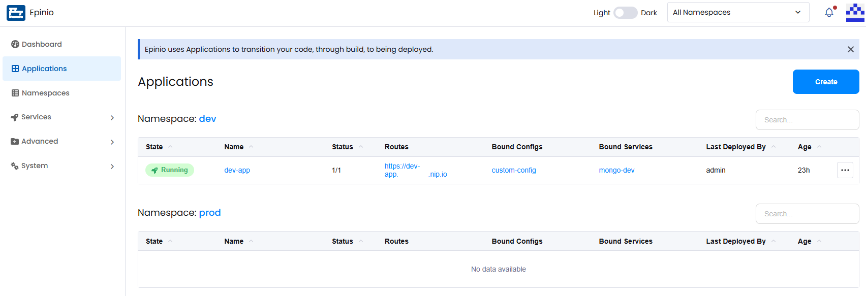 View of the Applications screen
