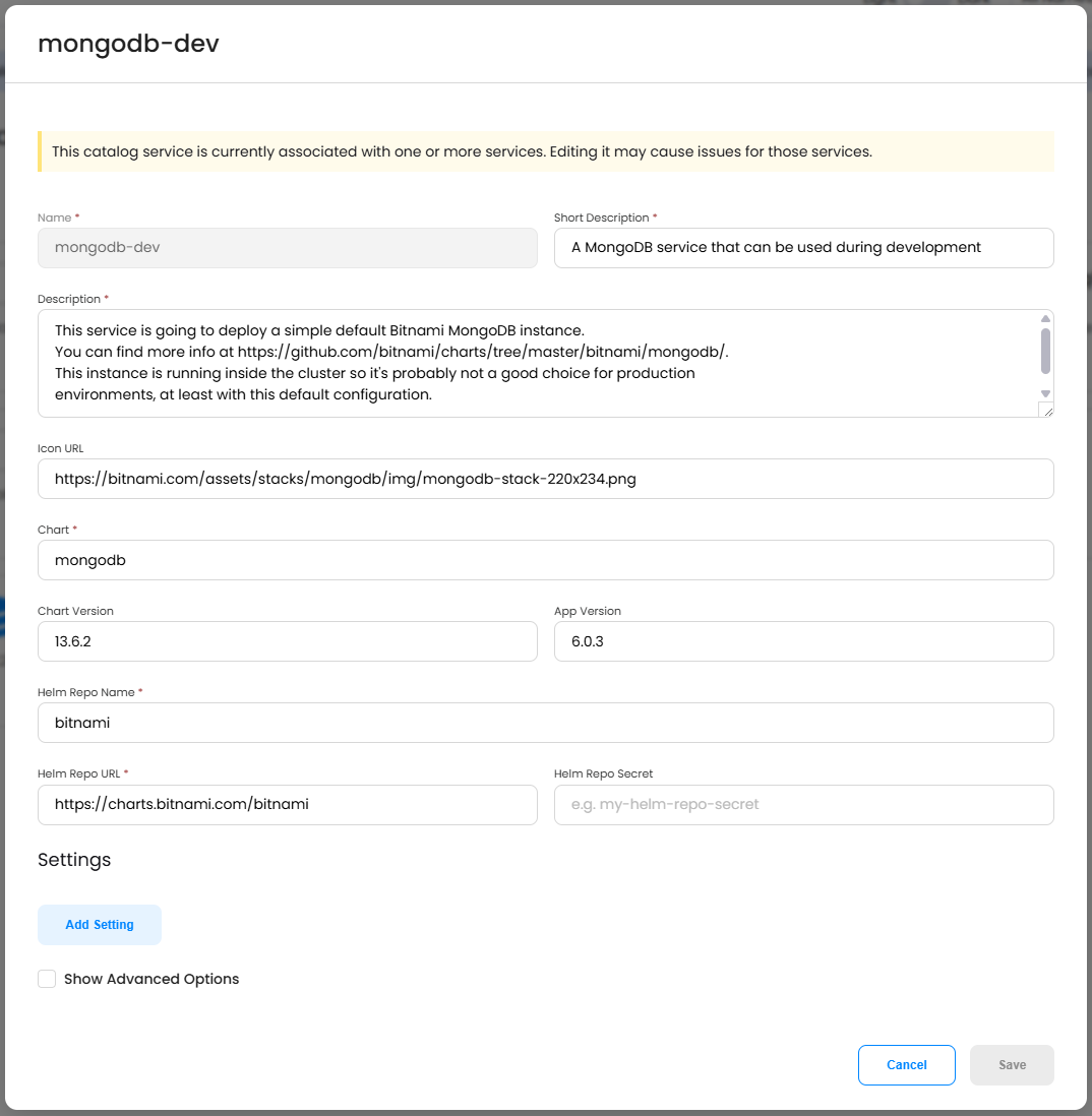 Edit Catalog Service Modal