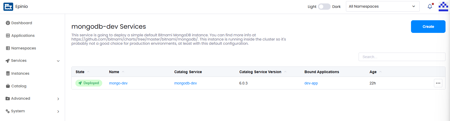 View of the Catalog Service Details screen